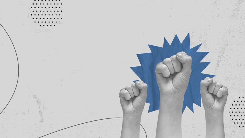 Collage Raised Fist up. Demonstration of protest. Fight for your rights. Girl power. Success and strength. Feminism concept. Stop motion, Collage art.