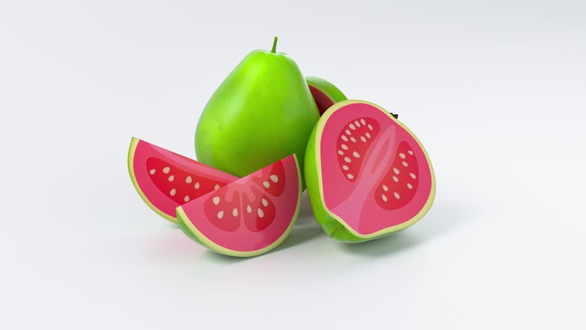 A stylized illustration of a green pear and sliced pink guava, showcasing vibrant colors and playful design.