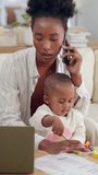 Phone call, laptop and black woman home office with baby, busy schedule or mother with online career. Remote work, smartphone and super mom with computer, child and multitasking for freelance project - Powered by Shutterstock - Get 15% off with code: PIKWIZARD15
