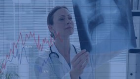 Animation of financial data processing over caucasian female doctor looking at x-ray scans. Global medicine, finances and digital interface concept digitally generated video. - Powered by Shutterstock - Get 15% off with code: PIKWIZARD15