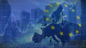 Animation of flag of european union and map over office buildings in city. Global business, european market, connections, computing and data processing concept digitally generated video. - Powered by Shutterstock - Get 15% off with code: PIKWIZARD15