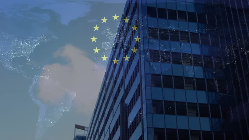Animation of flag of european union and map over office buildings in city. Global business, european market, connections, computing and data processing concept digitally generated video. - Powered by Shutterstock - Get 15% off with code: PIKWIZARD15