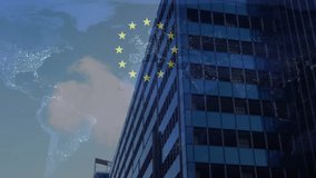 Animation of flag of european union and map over office buildings in city. Global business, european market, connections, computing and data processing concept digitally generated video. - Powered by Shutterstock - Get 15% off with code: PIKWIZARD15