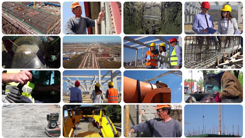Construction Industry - Multiscreen Video Montage. Construction Industry Employment.  Large Construction Site with Tower Cranes, Machinery and Builders at Work.  Construction Project Management.