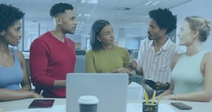 Animation of financial data processing over diverse business people in office. Global finance, business, connections, computing and data processing concept digitally generated video. - Powered by Shutterstock - Get 15% off with code: PIKWIZARD15