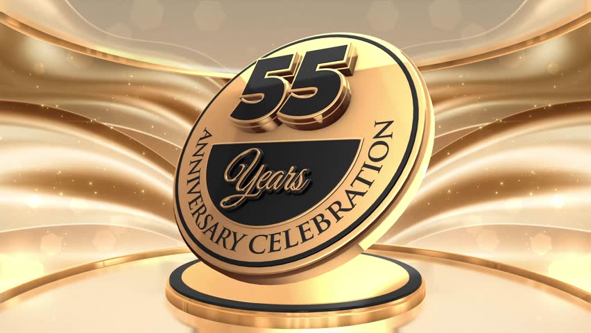 55 years, 55th anniversary logo loop, looped video background, backdrop in 3D Gold 