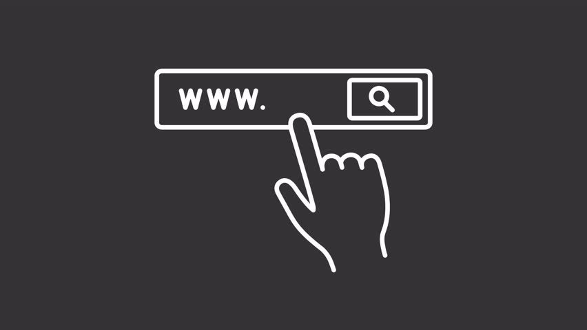 Website search white line animation. Browser interface animated icon. Scaling letters, moving hand. Isolated illustration on dark background. Transition alpha video. Motion graphic