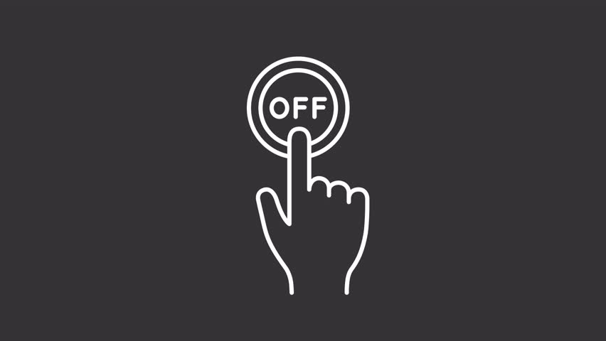 Off button white line animation. Click element animated icon. Moving hand, pressing. Activate, turn. Isolated illustration on dark background. Transition alpha video. Motion graphic