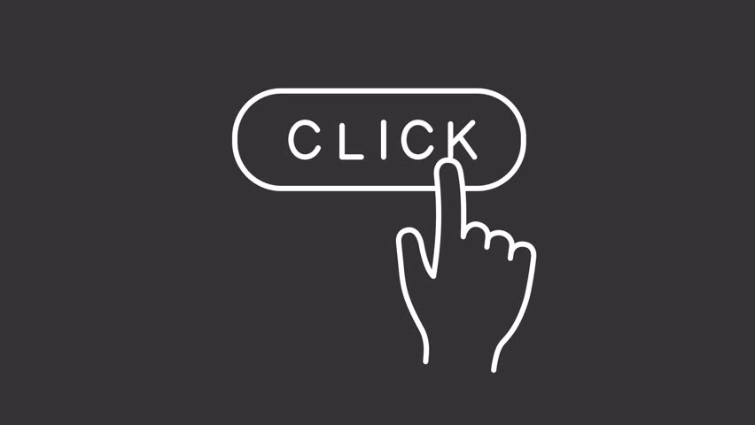 Click button white line animation. Website interface element animated icon. Moving hand, pressing. Online, tap. Isolated illustration on dark background. Transition alpha video. Motion graphic