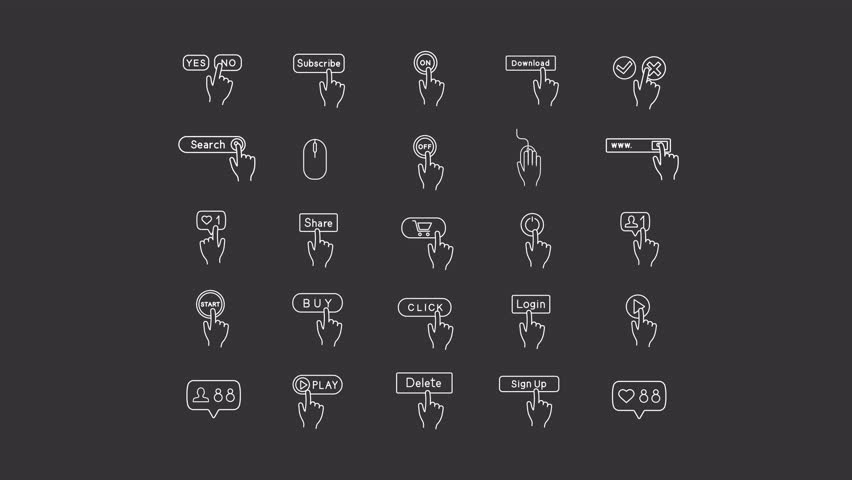 Interface click animation library. Website elements animated white line icons. Social media, followership. Isolated illustrations on dark background. Transition alpha. HD video. Icon pack