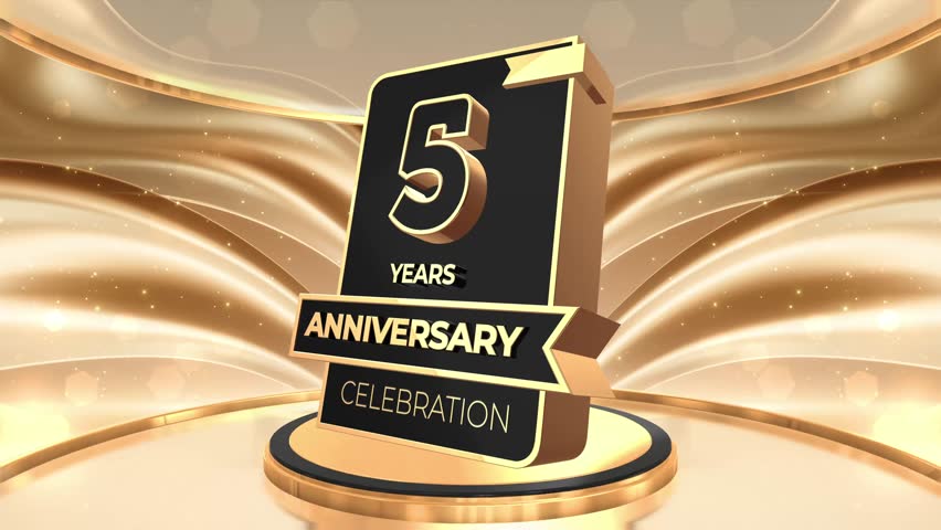 5 years, 5th anniversary logo loop, looped video background, backdrop in 3D Gold 