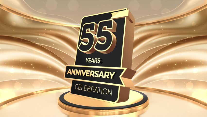 55 years, 55th anniversary logo loop, looped video background, backdrop in 3D Gold 