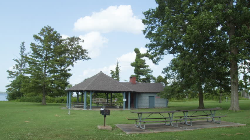 Picnic tables and playground near Reel Foot Lake, Tennessee, US.