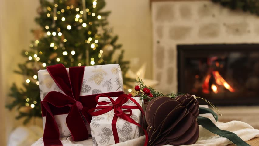 Merry Christmas! Stylish christmas gift and ornaments on background of christmas tree with garland lights and burning fireplace in evening. Atmospheric christmas eve at home. Holiday footage