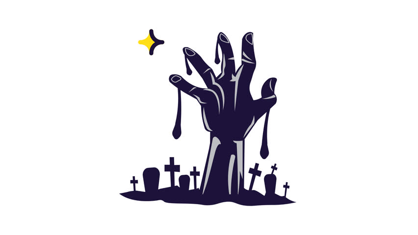 Animated zombie Hand Rising from Grave. Seamless looping video with alpha channel on transparent background. Motion graphic animation Spooky Halloween illustration