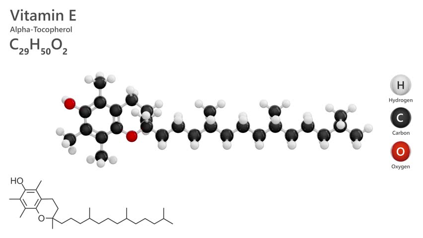Alpha-tocopherol or Vitamin E. Animated 3d model of molecule. Molecular formula: C29H50O2. Chemical model: Ball and Stick. White background. 3d rendering. Seamless loop