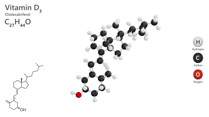 Cholecalciferol or Vitamin D3. Animated 3d model of molecule. Molecular formula: C27H44O. Chemical model: Ball and Stick. White background. 3d rendering. Seamless loop