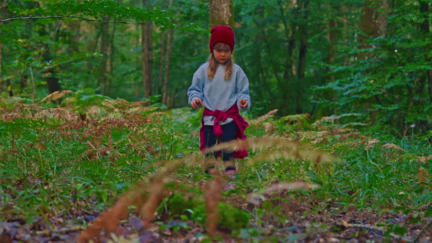 A lovely little girl walks through the forest in autumn and looks at everything around her, learning about the world around her