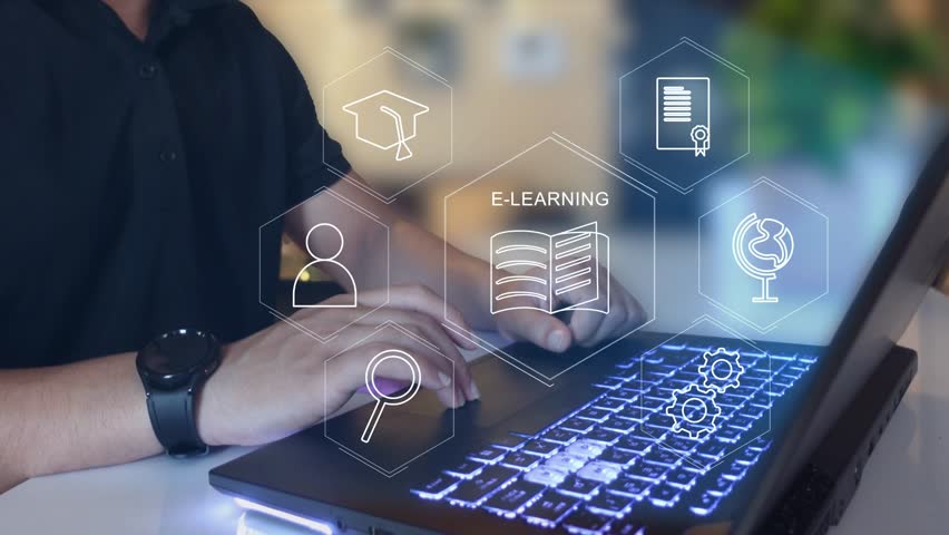 E-learning online education training webinar on internet for personal development and professional qualifications. Digital courses to develop new skills.