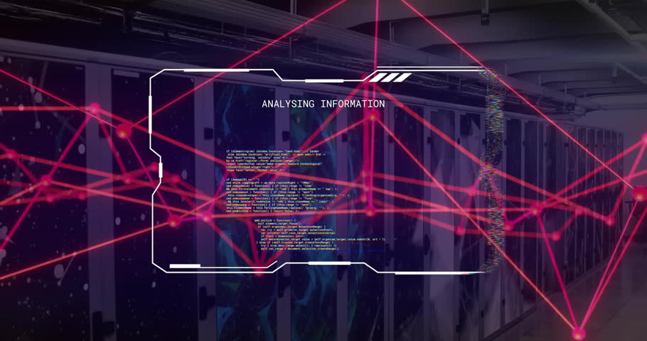 Animation of red network over analysing information of data file and computer servers. Connection, data, processing, business, digital interface and communication, digitally generated video.