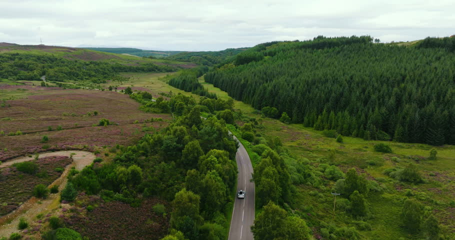 Aerial view of white electro car moving along roadway between forests and heather fields on moody day