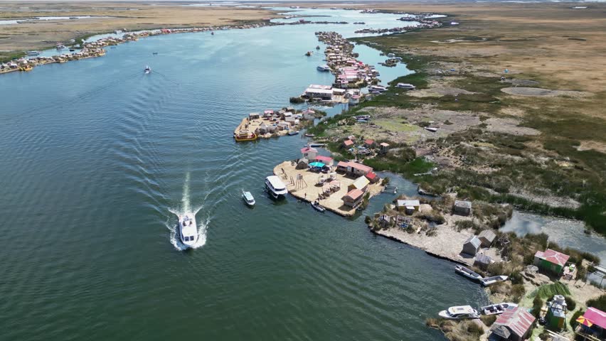 Aerial view of tourist destination, Uros Islands on Lake Titicaca Peru