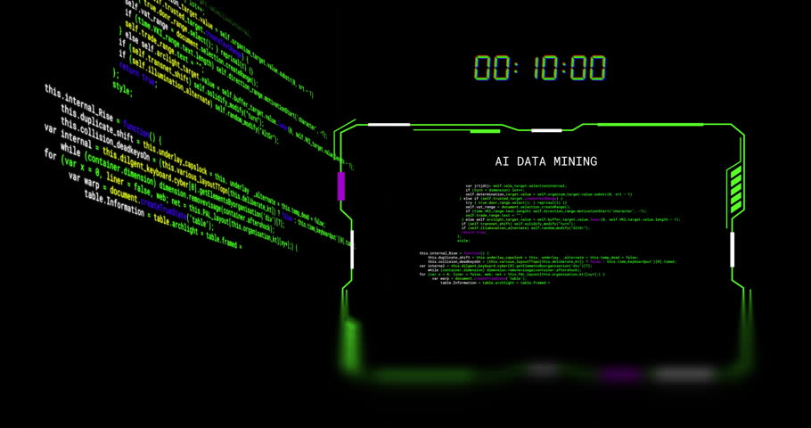 Animation of scrolling data, countdown clock and interface ai data mining, on black background. Connection, data, ai, processing, time, digital interface and communication, digitally generated video.