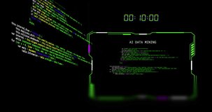 Animation of scrolling data, countdown clock and interface ai data mining, on black background. Connection, data, ai, processing, time, digital interface and communication, digitally generated video. - Powered by Shutterstock - Get 15% off with code: PIKWIZARD15