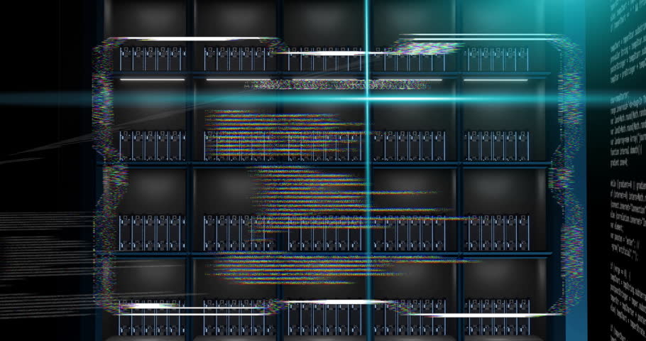 Animation of blue scanner beams and glitching interface analysing information over computer servers. Connection, data, ai, processing, digital interface and communication, digitally generated video.