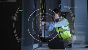 Animation of scanner and charts processing over asian male technician using phone in server room. Connection, data, processing, digital interface and global communication, digitally generated video. - Powered by Shutterstock - Get 15% off with code: PIKWIZARD15