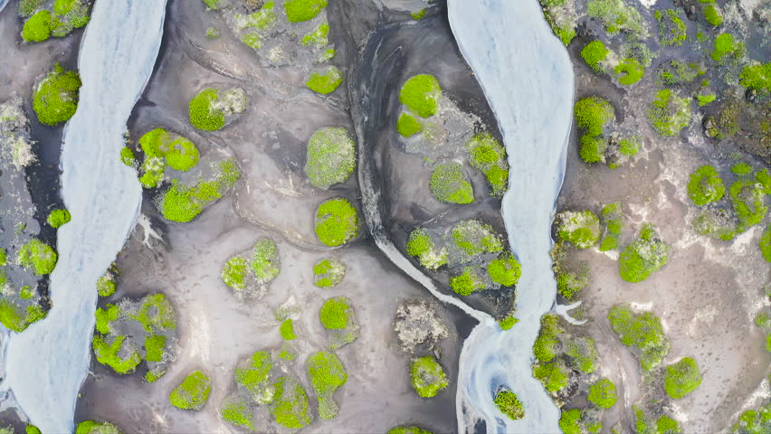 Aerial view of the torrents of water from the melting of the Fjallsjokull glacier, on its way to the sea, in southeast Iceland.