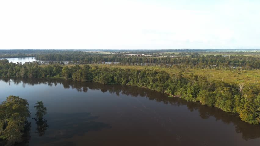 A drone scenery of Lake Charles, surrounded by lush forests on a sunny day with cloudy sky in Louisiana, USA