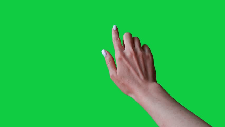 Touching gesture. Female hand touching, tapping on chroma key green screen background. Using a smartphone, tablet pc or a touchscreen. Interface concept. Double click and tap with finger