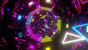 A 3d animated illustration VJ loop of futuristic infinity colorful neon tunnel with falling glassy triangles - for visual music videos - Powered by Shutterstock - Get 15% off with code: PIKWIZARD15