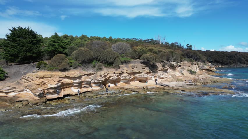 An aerial footage of small group of people visiting the scenic Painted Cliffs on Maria Island, on a sunny day in Tasmania, Australia