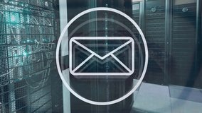 Animation of envelope in circle over server room. Global technology and digital interface concept digitally generated video. - Powered by Shutterstock - Get 15% off with code: PIKWIZARD15
