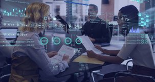 Animation of diagrams and data processing over diverse colleagues discussing work in office. Global business, teamwork and digital interface concept digitally generated video. - Powered by Shutterstock - Get 15% off with code: PIKWIZARD15