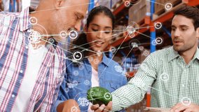 Animation of network of connections with icons over diverse workers working in warehouse. Global business, teamwork and digital interface concept digitally generated video. - Powered by Shutterstock - Get 15% off with code: PIKWIZARD15