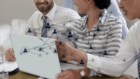 Animation of network of connections with icons over caucasian colleagues talking in office. Global business, teamwork and digital interface concept digitally generated video. - Powered by Shutterstock - Get 15% off with code: PIKWIZARD15