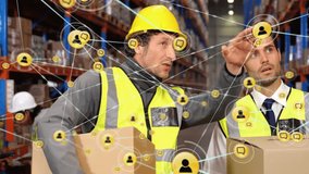 Animation of network of connections with icons over diverse workers talking in warehouse. Global business, teamwork and digital interface concept digitally generated video. - Powered by Shutterstock - Get 15% off with code: PIKWIZARD15