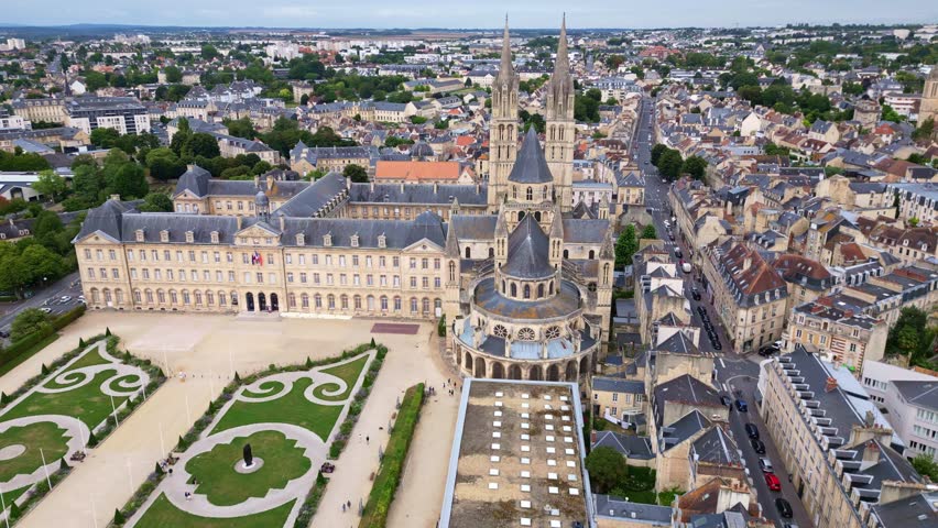 Abbey of Saint-Étienne or Abbaye aux Hommes or Abbey men, Caen in Normandy, France. Aerial drone panoramic view