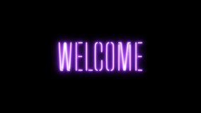 Welcome neon sign flicker motion graphic with alpha channel. Purple neon light turn on and turn off isolated text animated on transparent background. - Powered by Shutterstock - Get 15% off with code: PIKWIZARD15