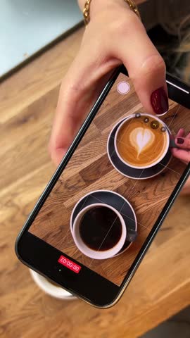 A blogger is taking a close-up photo of a cappuccino coffee cup and americano with a phone. 4K