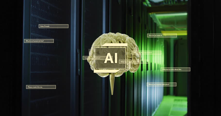 Animation of ai text, scanner, rotating brain and dialogue boxes over dark server room. Connection, data, processing, ai, digital interface and communication, digitally generated video.