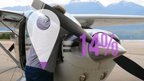 Animation of locator icon and rising percentage over caucasian male pilot working on plane engine. Engineering, transport, travel, data, digital interface and communication, digitally generated video. - Powered by Shutterstock - Get 15% off with code: PIKWIZARD15