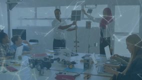 Animation of network over diverse teachers and schoolchildren studying solar panels. Ecology, education, energy, resources, learning, connection and communication, digitally generated video. - Powered by Shutterstock - Get 15% off with code: PIKWIZARD15