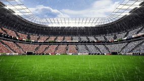 Animation of snow falling over spectators in stands at sports stadium with grass pitch. Weather, entertainment, sport and competition, digitally generated video. - Powered by Shutterstock - Get 15% off with code: PIKWIZARD15