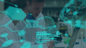 Animation of scientific data processing over diverse scientists in laboratory. Global science, connections, computing and data processing concept digitally generated video. - Powered by Shutterstock - Get 15% off with code: PIKWIZARD15