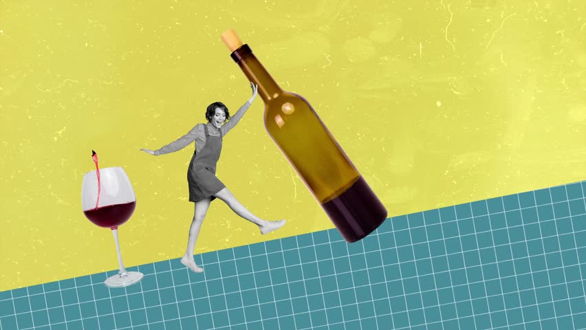 Motion video collage of lady balancing on moving floor with wine alcoholic drink