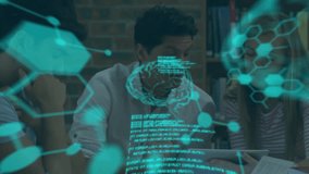 Animation of scientific data processing over diverse business people using tablet in office. Global science, business, connections, computing and data processing concept digitally generated video. - Powered by Shutterstock - Get 15% off with code: PIKWIZARD15